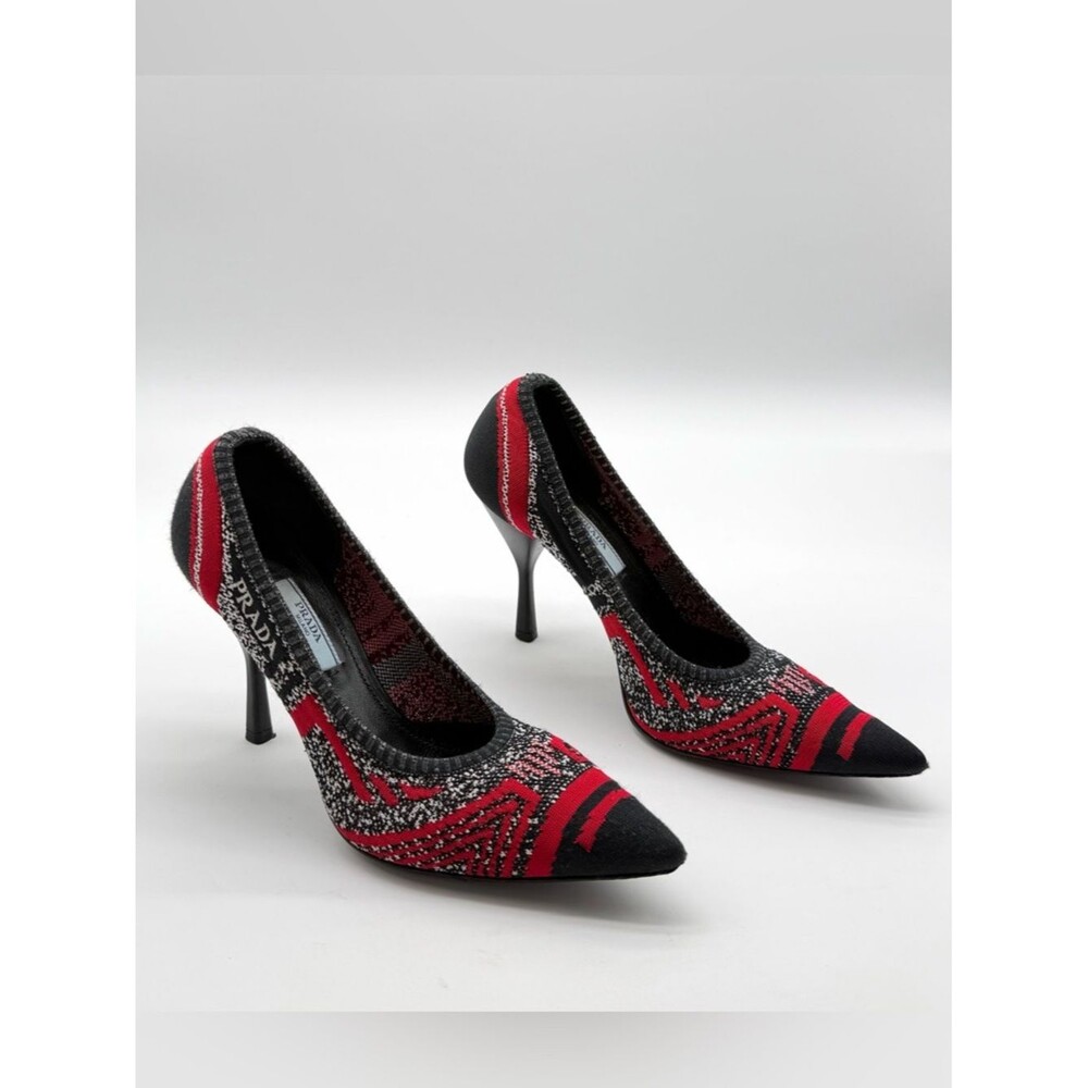 Prada Logo Knit Red & Black Fabric Pointed Toe Heels Pumps EU 38 US 8